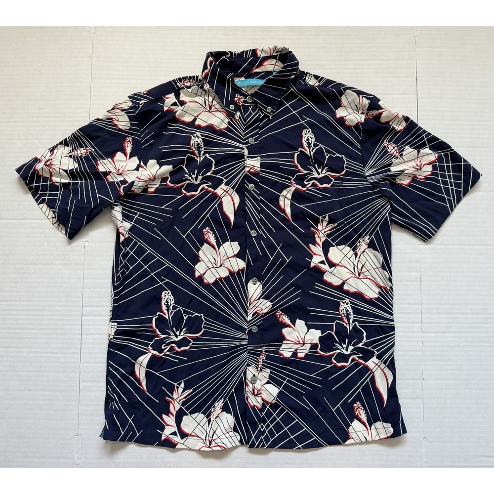 Tori Richard Men's Small Hawaiian Shirt Hibiscus Floral Navy Button Down Aloha